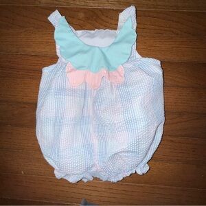 Vintage “Small Steps” Plaid Pastel Bubble Romper w Scalloped Embroidered Collar